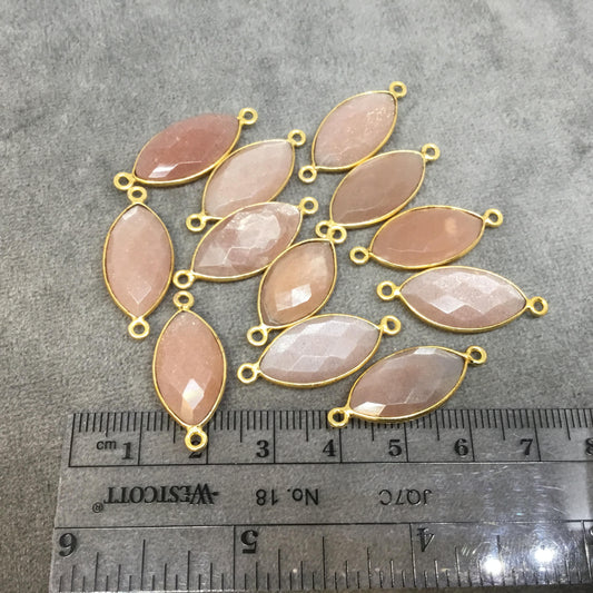 Gold Plated Natural Peach Moonstone Faceted Marquise  Shaped Copper Bezel Connector - Measures 10mm x 20mm - Sold Individually, Random