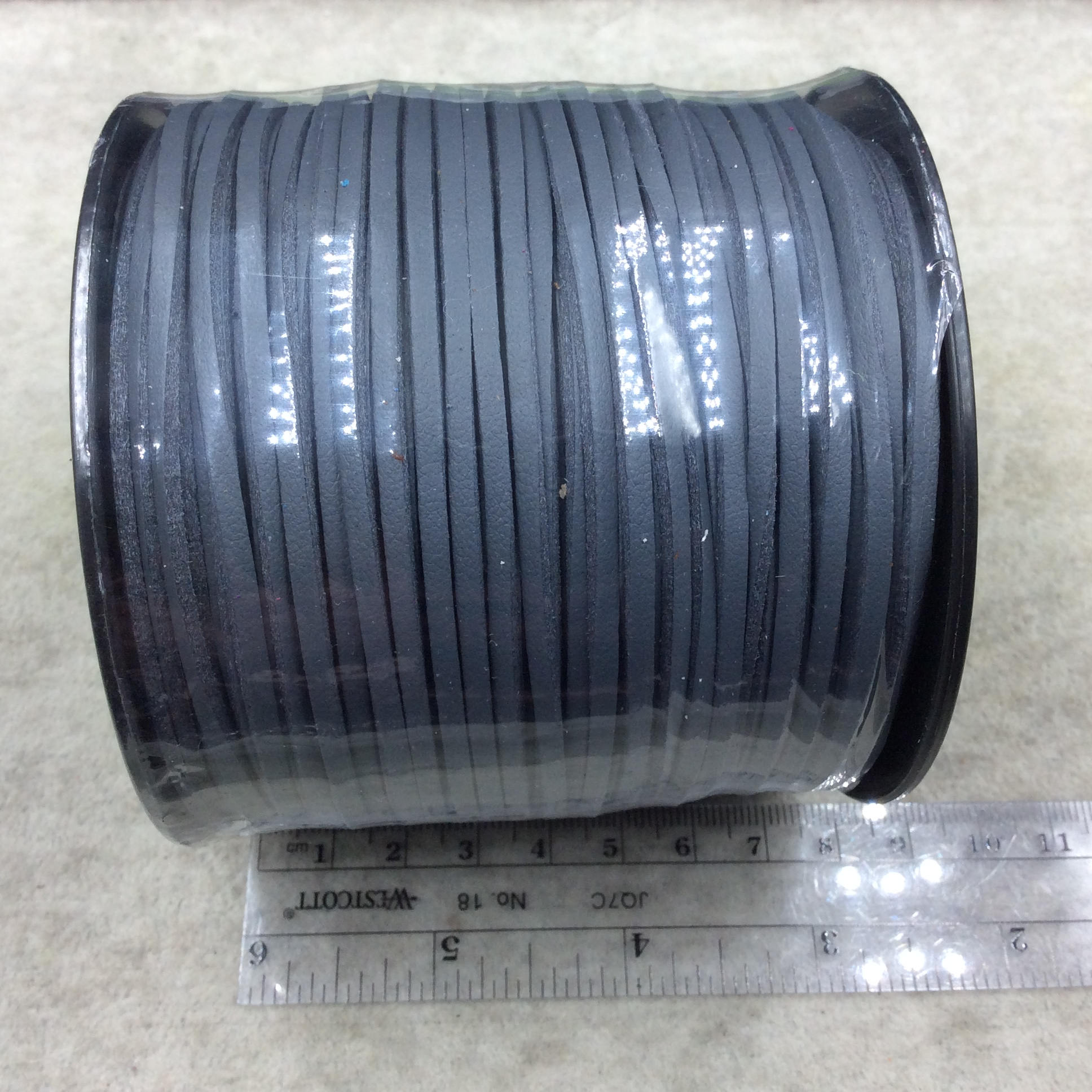 FULL SPOOL - Smooth Deep Blue Gray Faux Micro Suede Jewelry Cord - Measuring 1.5mm x 2.5mm - 325 Feet (100 Meters) - Imitation VEGAN Leather