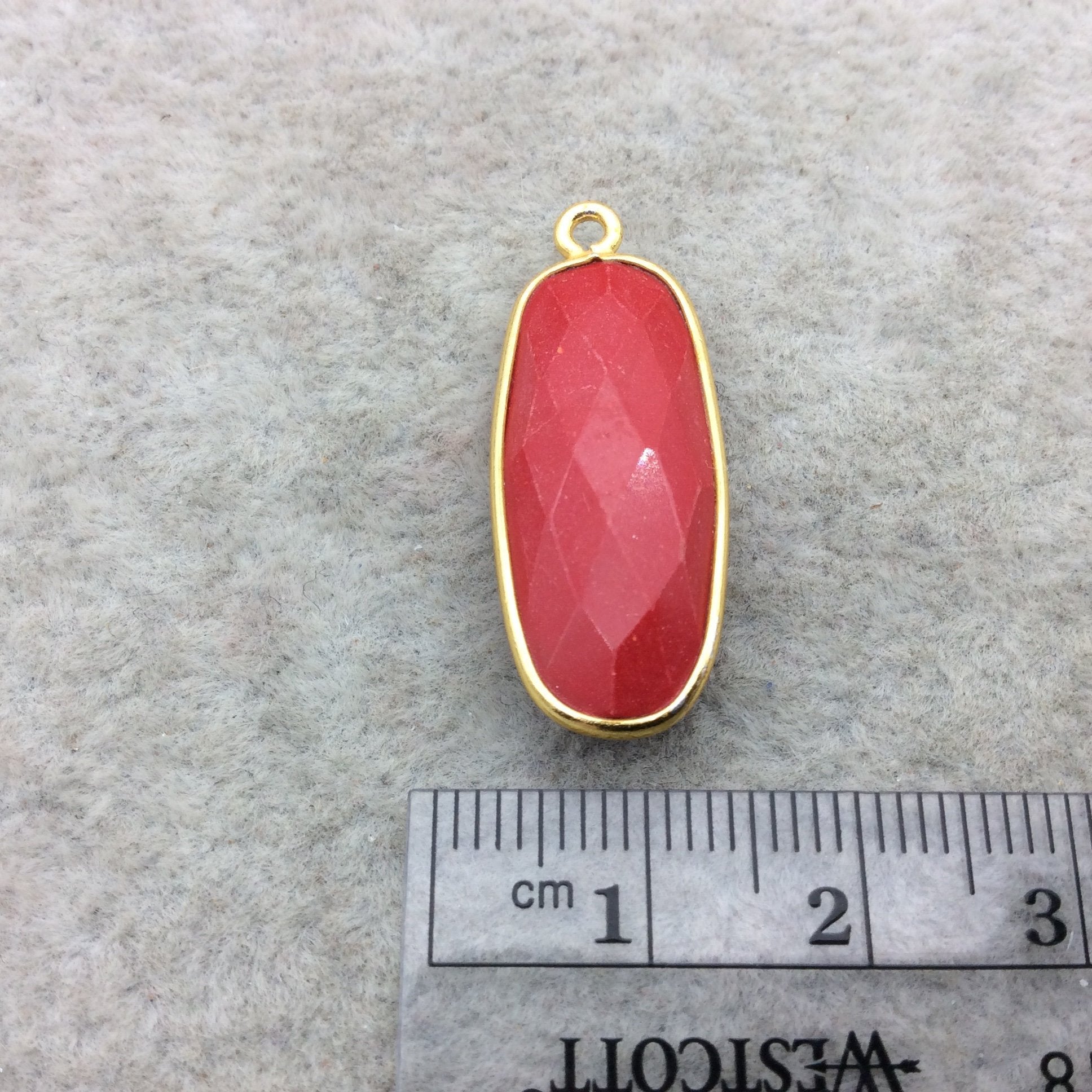 Gold Vermeil Faceted Rounded Rectangle Shape Opaque Red Hydro (Man-made) Chalcedony Bezel Pendant ~ 10mm x 25mm - Sold Per Each