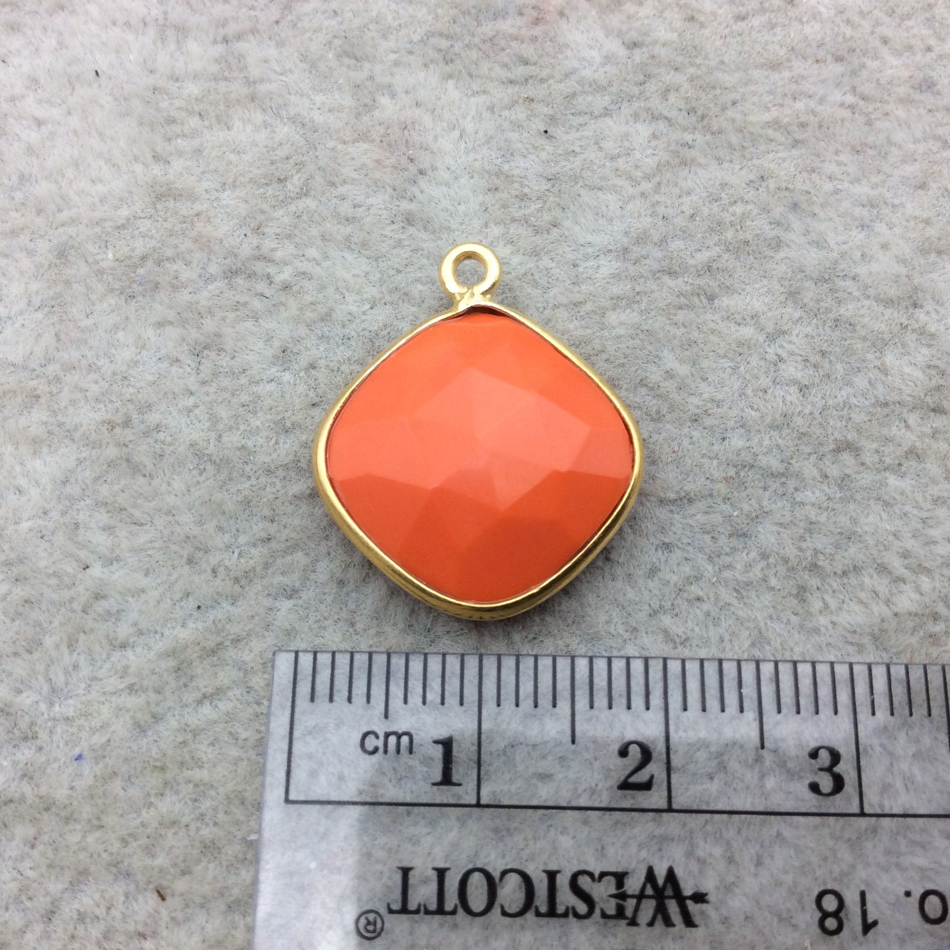 Gold Vermeil Faceted Diamond Shape Opaque Orange  Hydro (Man-made) Chalcedony Bezel Pendant ~ 15mm x 15mm - Sold Per Each
