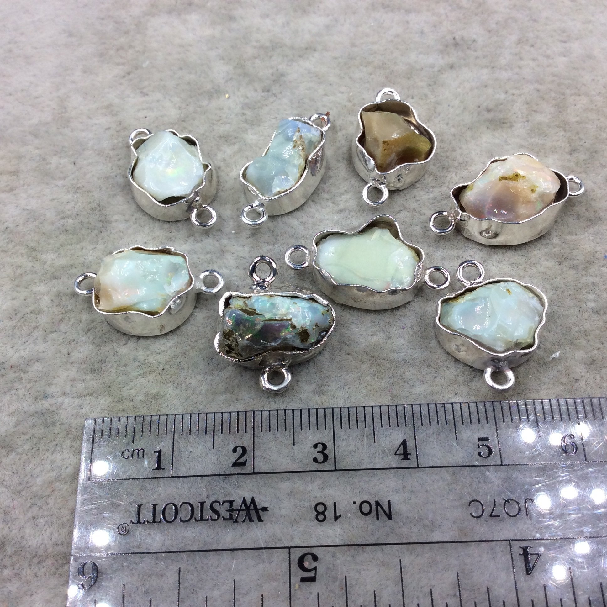 Silver Finish Medium Raw Nugget Genuine Ethiopian Opal Wavy Bezel Connector  ~ 12-15mm Long - Sold Individually, Selected At Randomly
