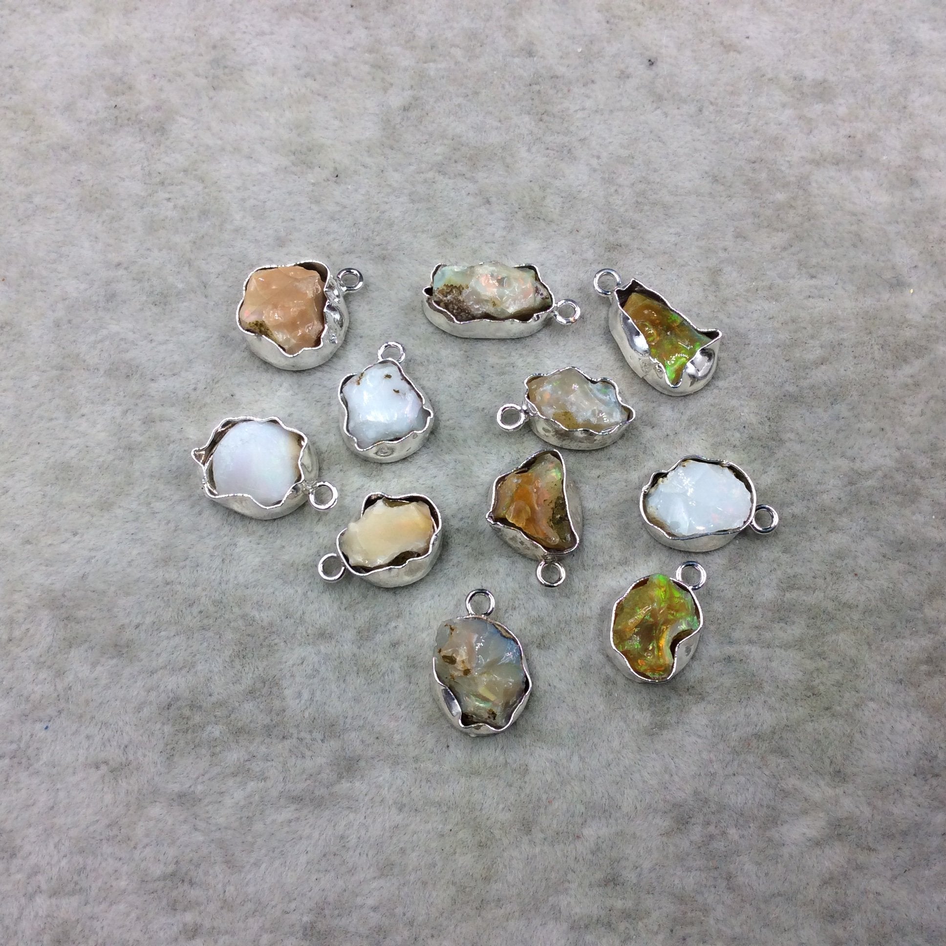 Silver Finish Medium Raw Nugget Genuine Ethiopian Opal Wavy Bezel Pendant  ~ 12mm - 16mm Long - Sold Individually, Selected At Randomly