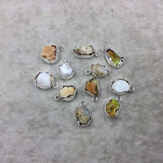 Silver Finish Medium Raw Nugget Genuine Ethiopian Opal Wavy Bezel Pendant  ~ 12mm - 16mm Long - Sold Individually, Selected At Randomly