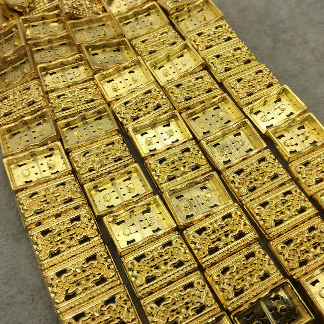 Gold Finish 3 Hole Flat Filigree Pattern Rectangle Shape Plated Pewter Beads - 8" Strand (Approx. 18 Beads) - 12mm x 17mm - THREE 1mm Holes