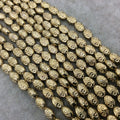 Gold Finish Floral Pattern Oval Shaped Plated Pewter Beads (02125)- 7-8" Strand (Approx. 25 Beads) - Measuring 5mm x 8mm - 1mm Hole Size