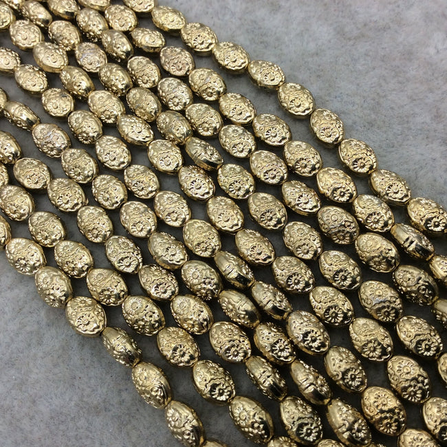 Gold Finish Floral Pattern Oval Shaped Plated Pewter Beads (02125)- 7-8" Strand (Approx. 25 Beads) - Measuring 5mm x 8mm - 1mm Hole Size