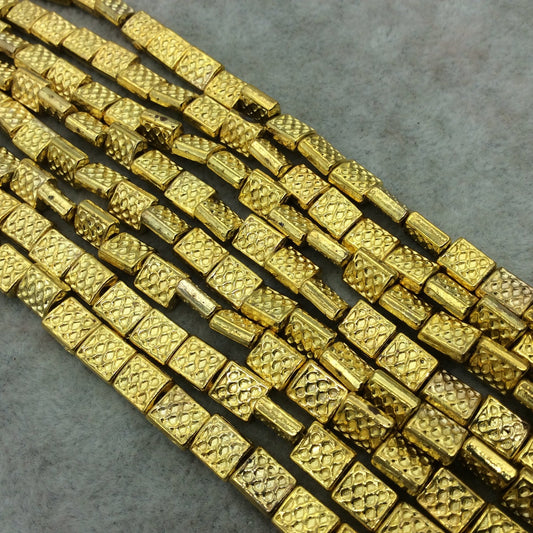 Gold Finish Criss Cross Design Flat Rectangle Shaped Plated Pewter Beads (5039)- 7-8" Strand (Approx. 29 Beads) - 6mm x 8mm  - 1mm Hole Size