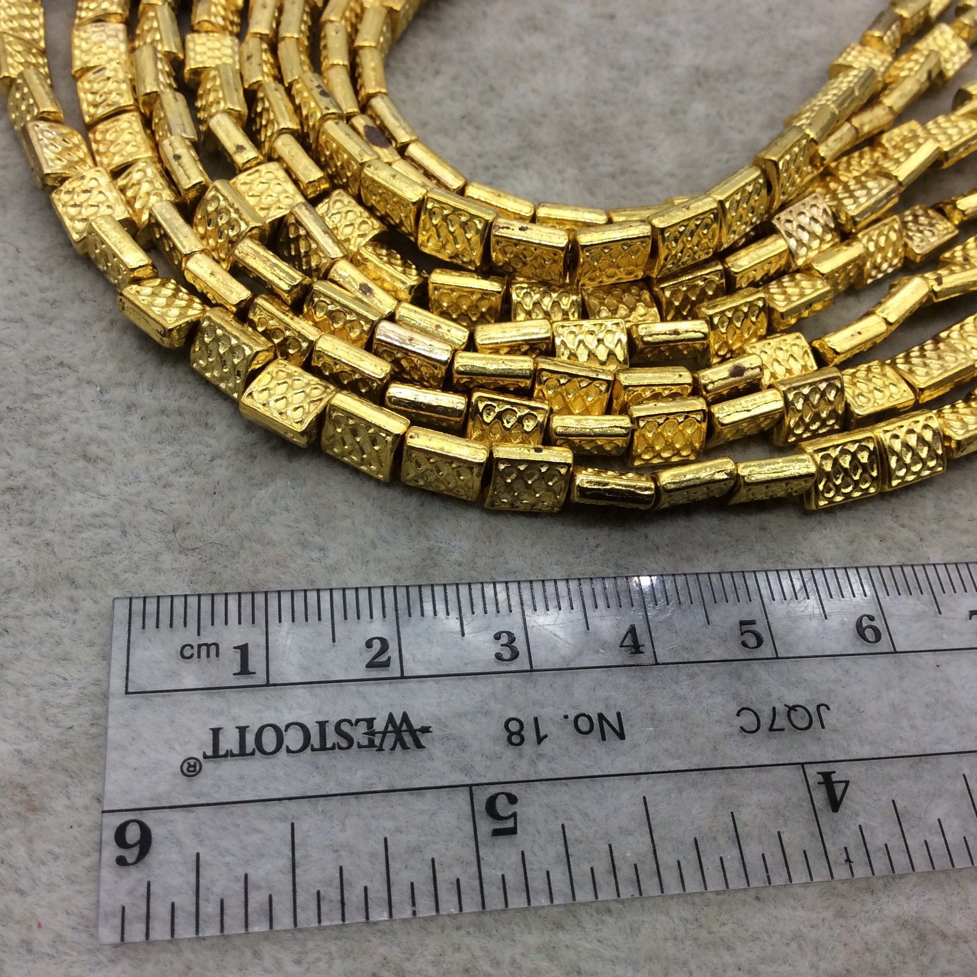 Gold Finish Criss Cross Design Flat Rectangle Shaped Plated Pewter Beads (5039)- 7-8" Strand (Approx. 29 Beads) - 6mm x 8mm  - 1mm Hole Size