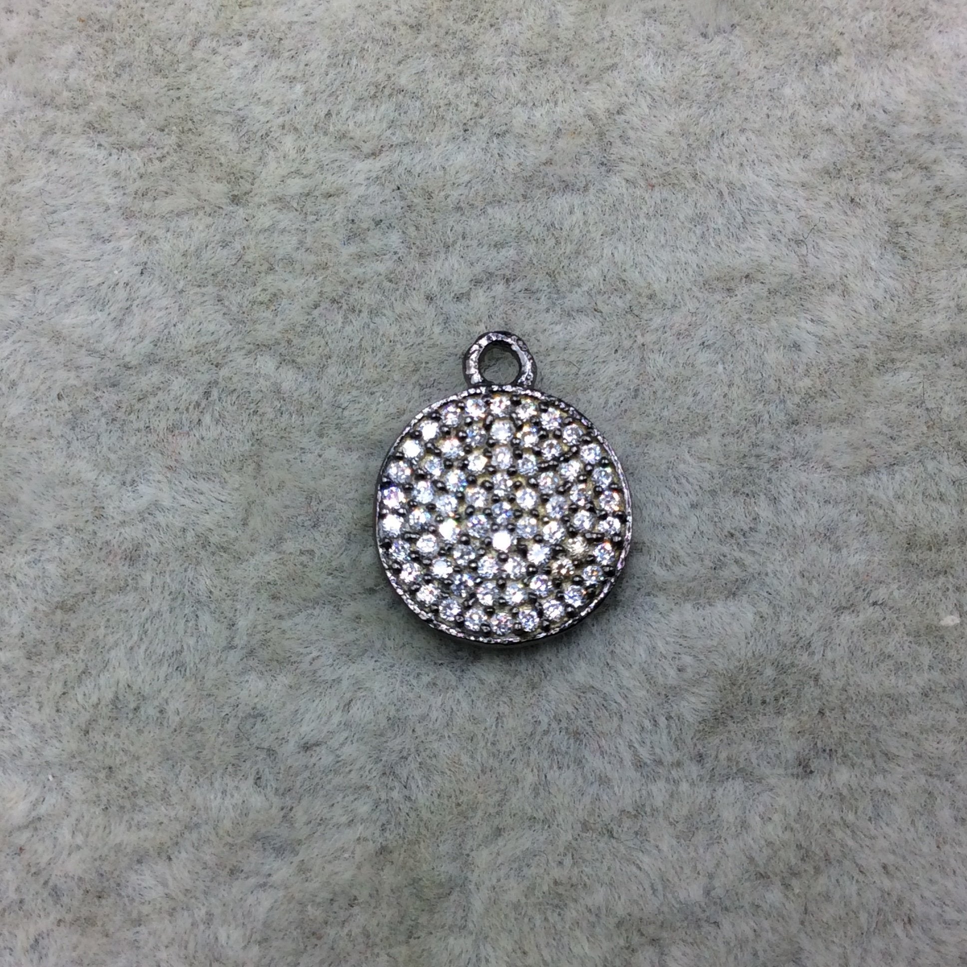 Tiny Gunmetal Finish Round/Coin Shaped CZ Cubic Zirconia Inlaid Plated Copper Pendant Component - Measuring 11mm x 11mm  - Sold Individually