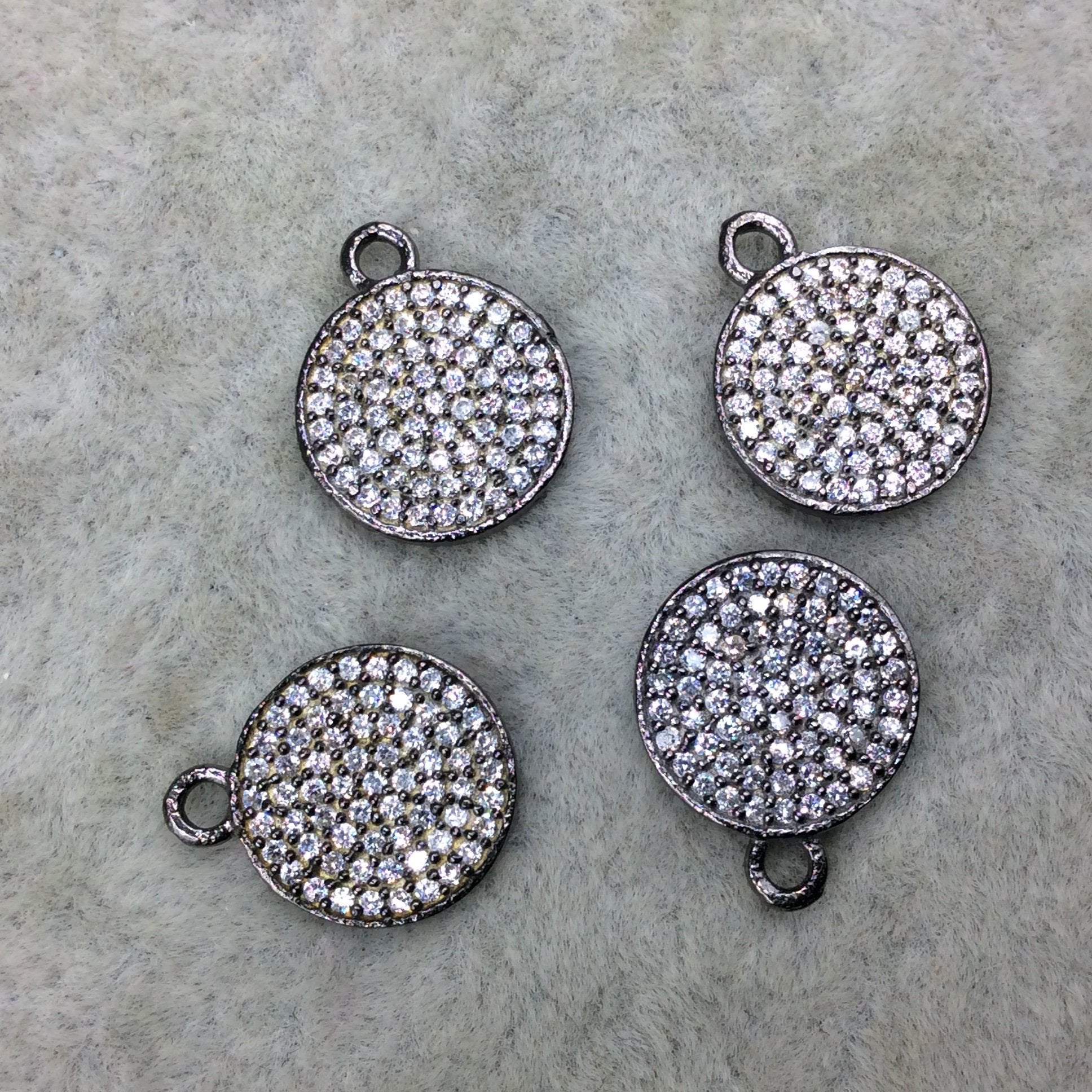 Tiny Gunmetal Finish Round/Coin Shaped CZ Cubic Zirconia Inlaid Plated Copper Pendant Component - Measuring 11mm x 11mm  - Sold Individually