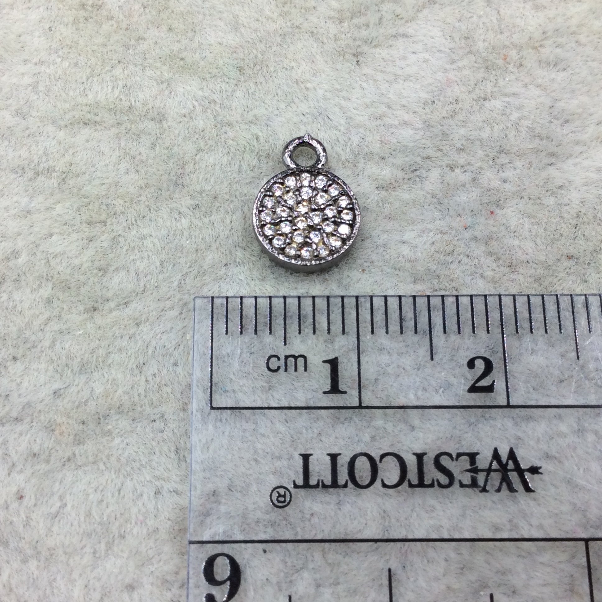 Tiny Gunmetal Finish Round/Coin Shaped CZ Cubic Zirconia Inlaid Plated Copper Pendant Component - Measuring 7mm x 7mm  - Sold Individually