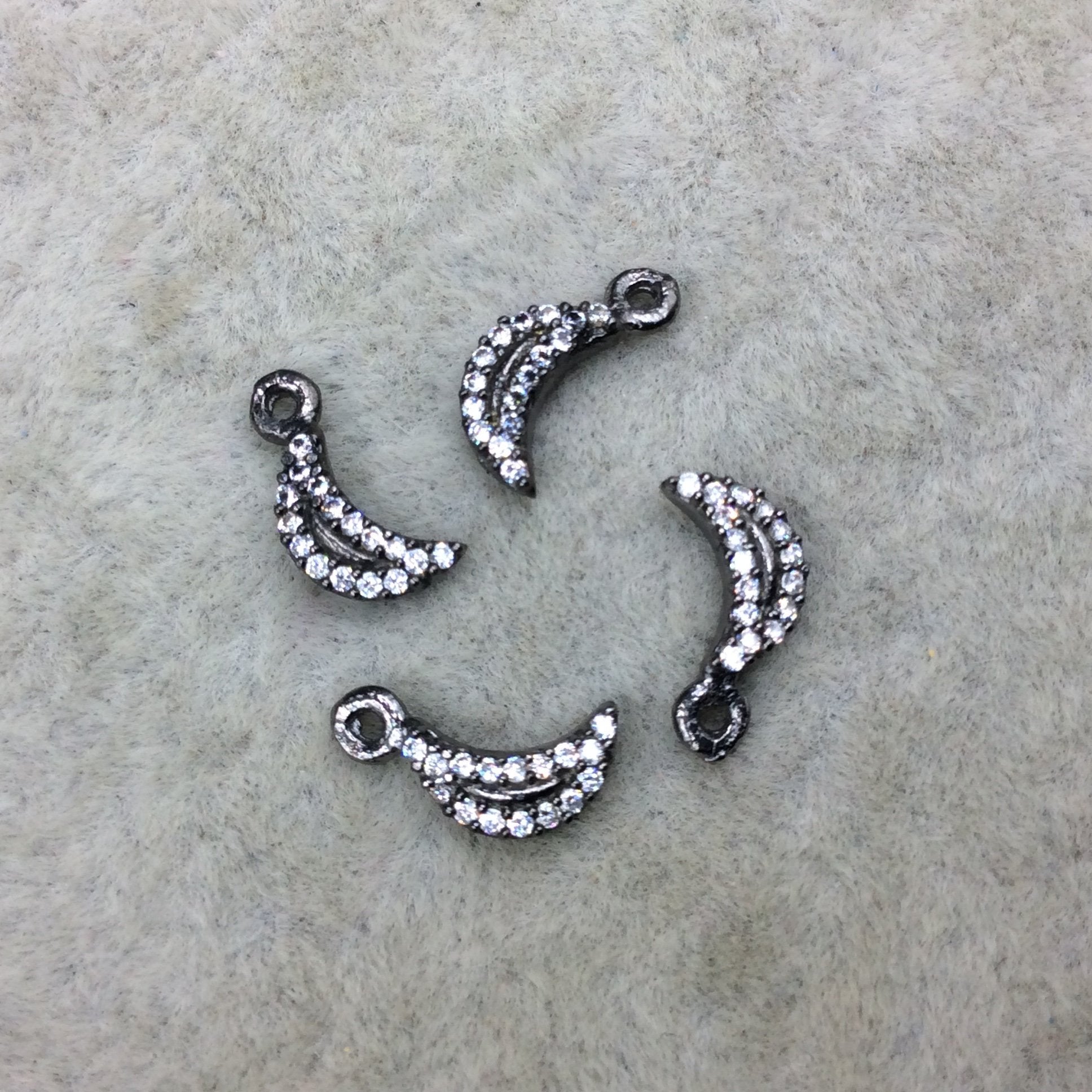 Tiny Gunmetal Finish Vertical Crescent Moon Shape CZ Cubic Zirconia Inlaid Plated Copper Pendant Component  ~ 5mm x 8mm  - Sold Individually