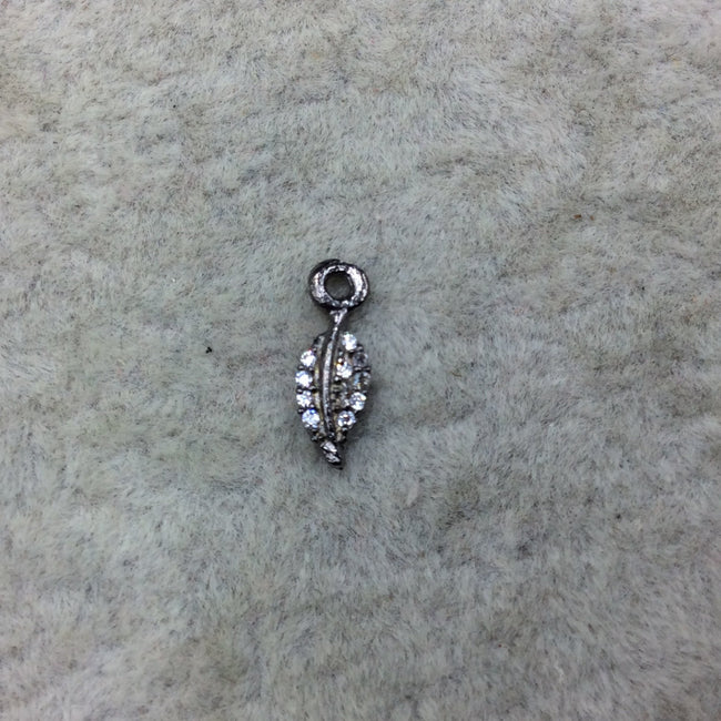 Tiny Gunmetal Finish Long Leaf Shaped CZ Cubic Zirconia Inlaid Plated Copper Pendant Component - Measuring 4mm x 8mm  - Sold Individually