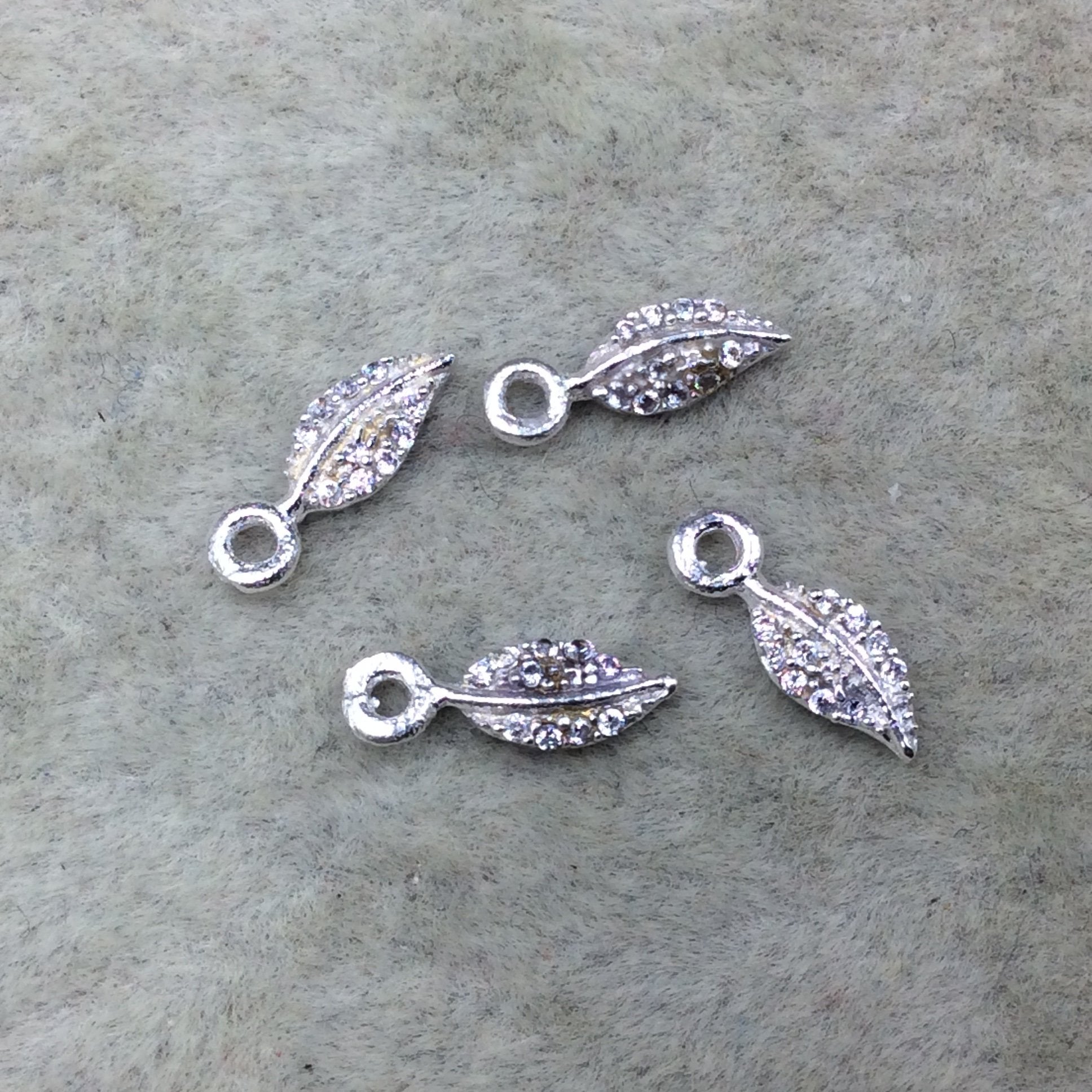 Tiny Silver Finish Long Leaf Shaped CZ Cubic Zirconia Inlaid Plated Copper Pendant Component - Measuring 4mm x 8mm  - Sold Individually