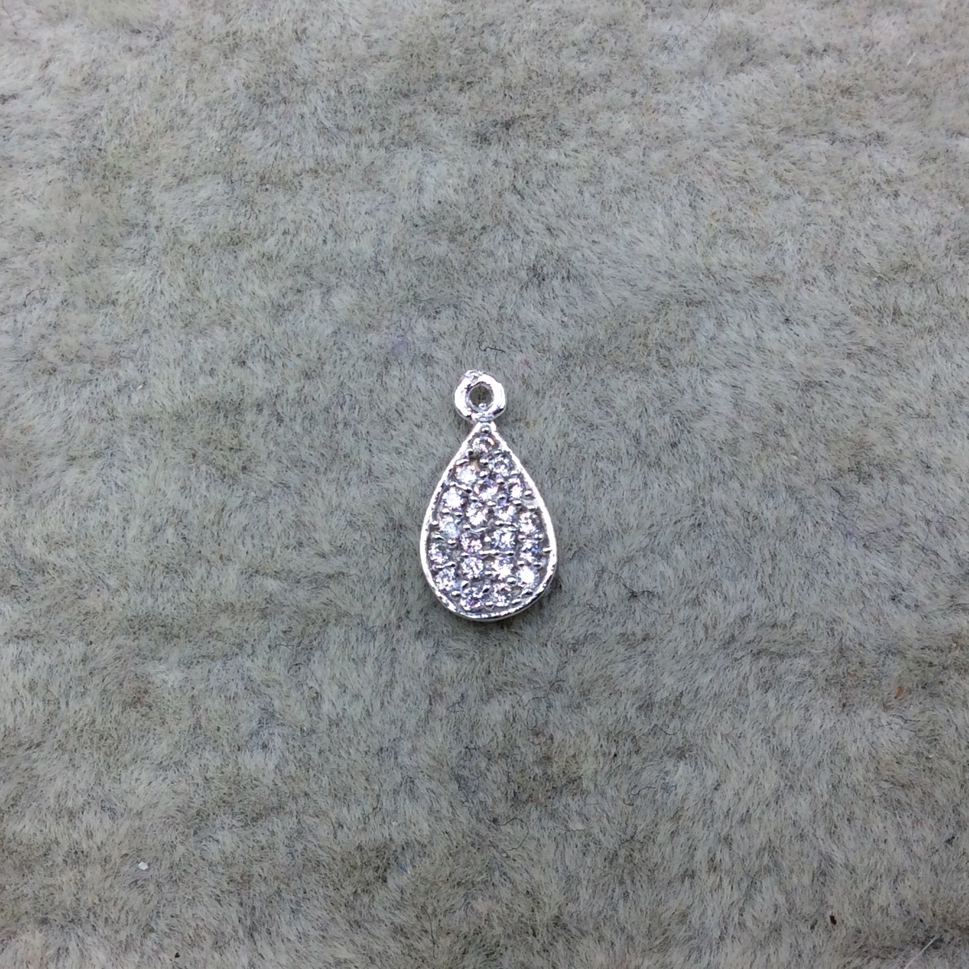 Tiny Silver Finish Teardrop Shaped CZ Cubic Zirconia Inlaid Plated Copper Pendant Component - Measuring 5mm x 8mm  - Sold Individually