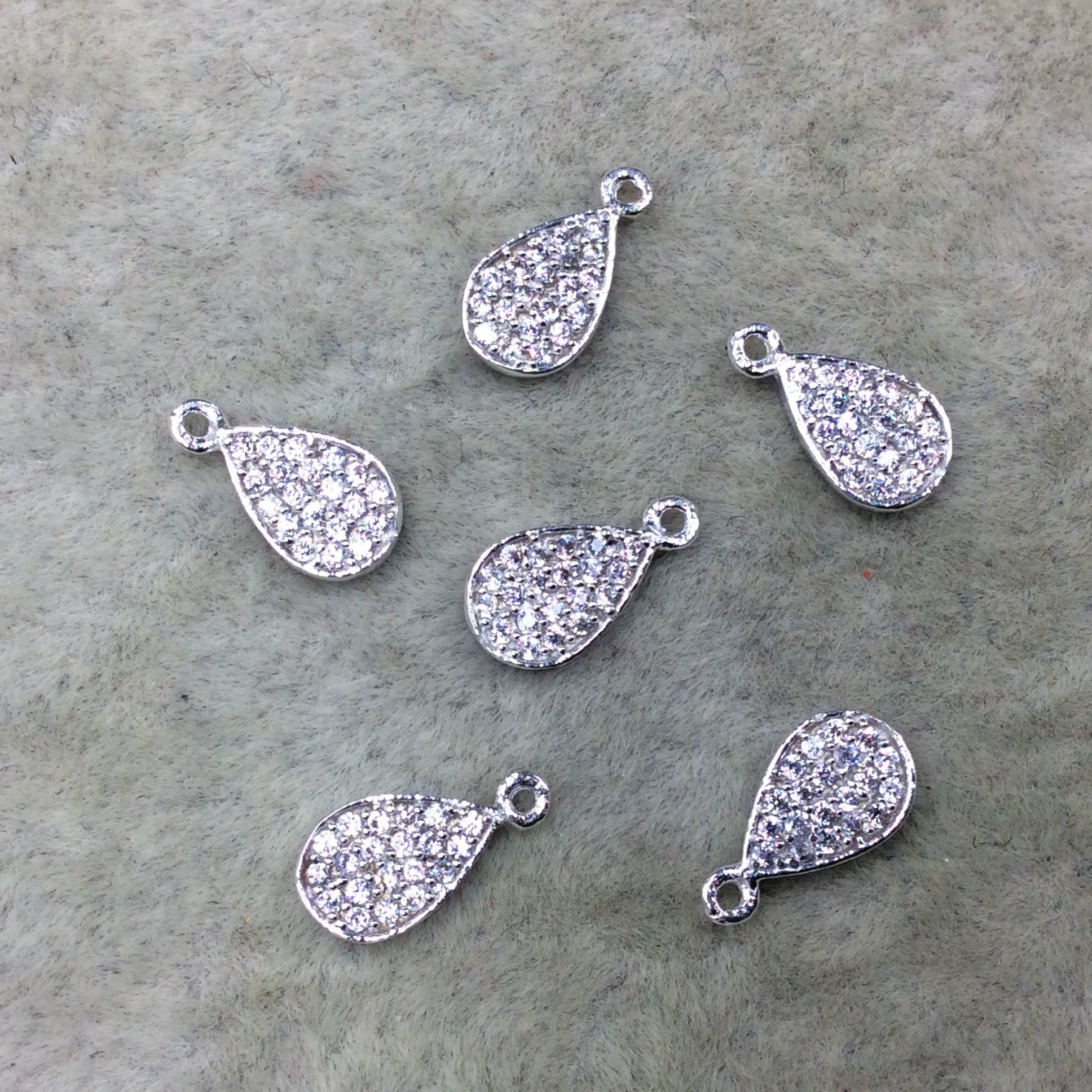 Tiny Silver Finish Teardrop Shaped CZ Cubic Zirconia Inlaid Plated Copper Pendant Component - Measuring 5mm x 8mm  - Sold Individually