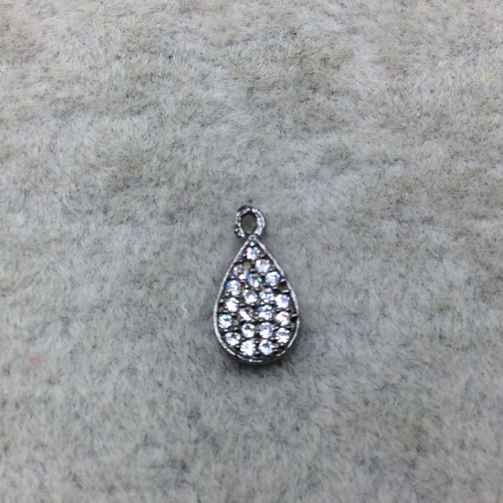 Tiny Gunmetal Finish Teardrop Shaped CZ Cubic Zirconia Inlaid Plated Copper Pendant Component - Measuring 5mm x 8mm  - Sold Individually