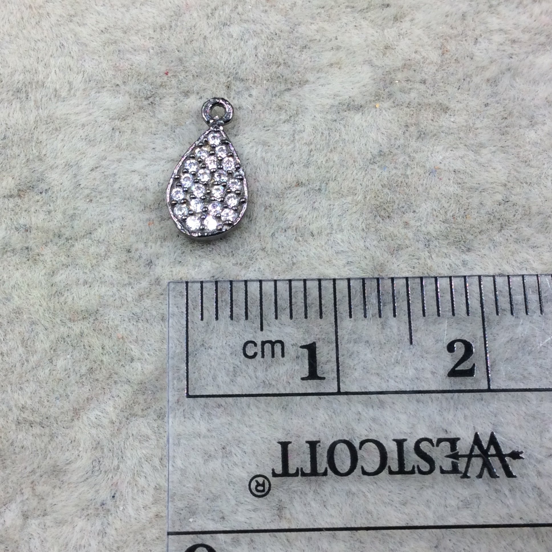 Tiny Gunmetal Finish Teardrop Shaped CZ Cubic Zirconia Inlaid Plated Copper Pendant Component - Measuring 5mm x 8mm  - Sold Individually