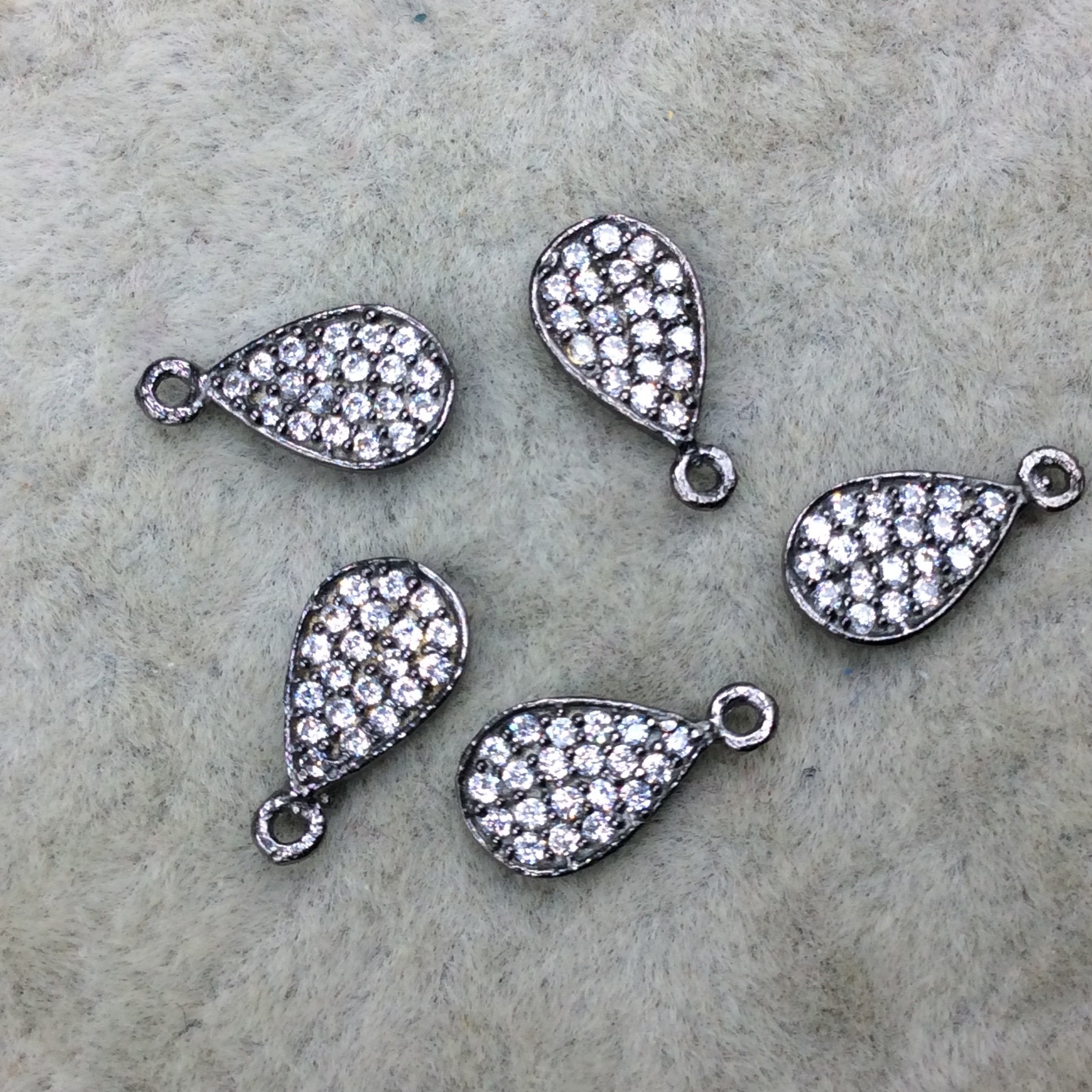 Tiny Gunmetal Finish Teardrop Shaped CZ Cubic Zirconia Inlaid Plated Copper Pendant Component - Measuring 5mm x 8mm  - Sold Individually