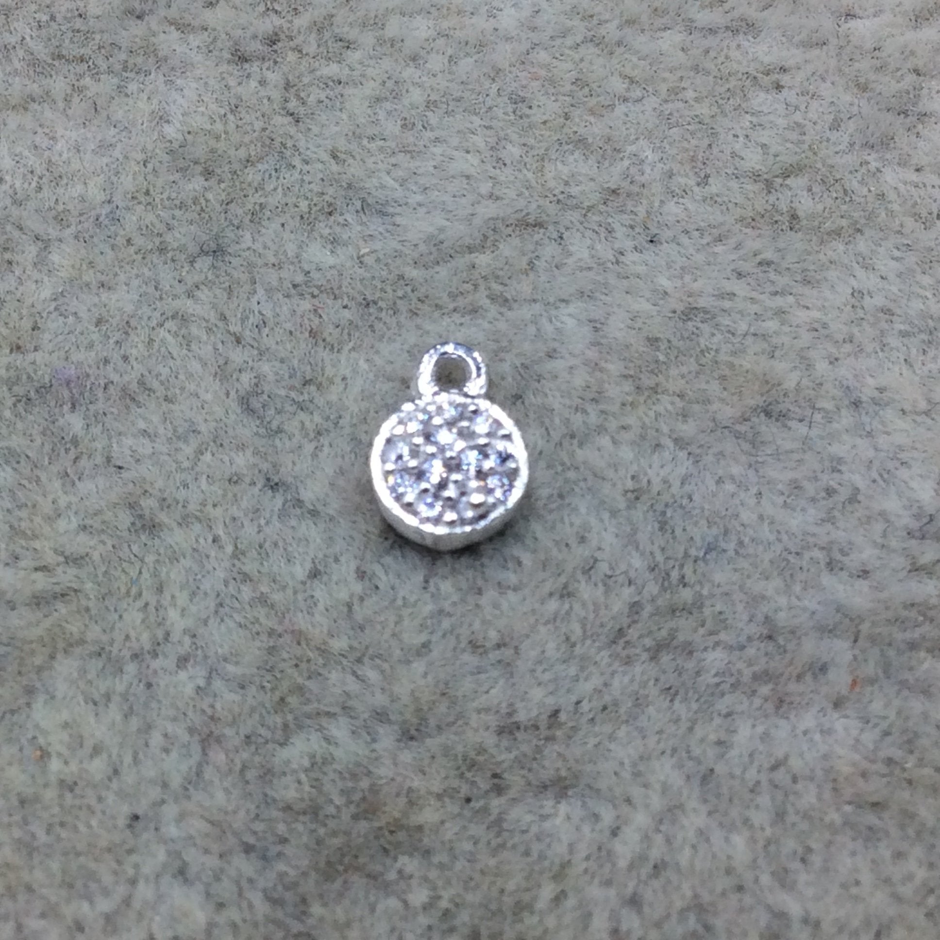 Tiny Silver Finish Round/Coin Shaped CZ Cubic Zirconia Inlaid Plated Copper Pendant Component - Measuring 5mm x 5mm  - Sold Individually