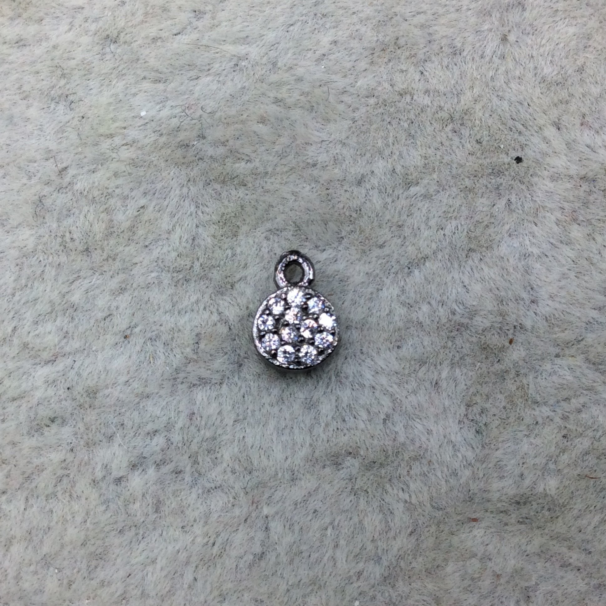 Tiny Gunmetal Finish Round/Coin Shaped CZ Cubic Zirconia Inlaid Plated Copper Pendant Component - Measuring 5mm x 5mm  - Sold Individually