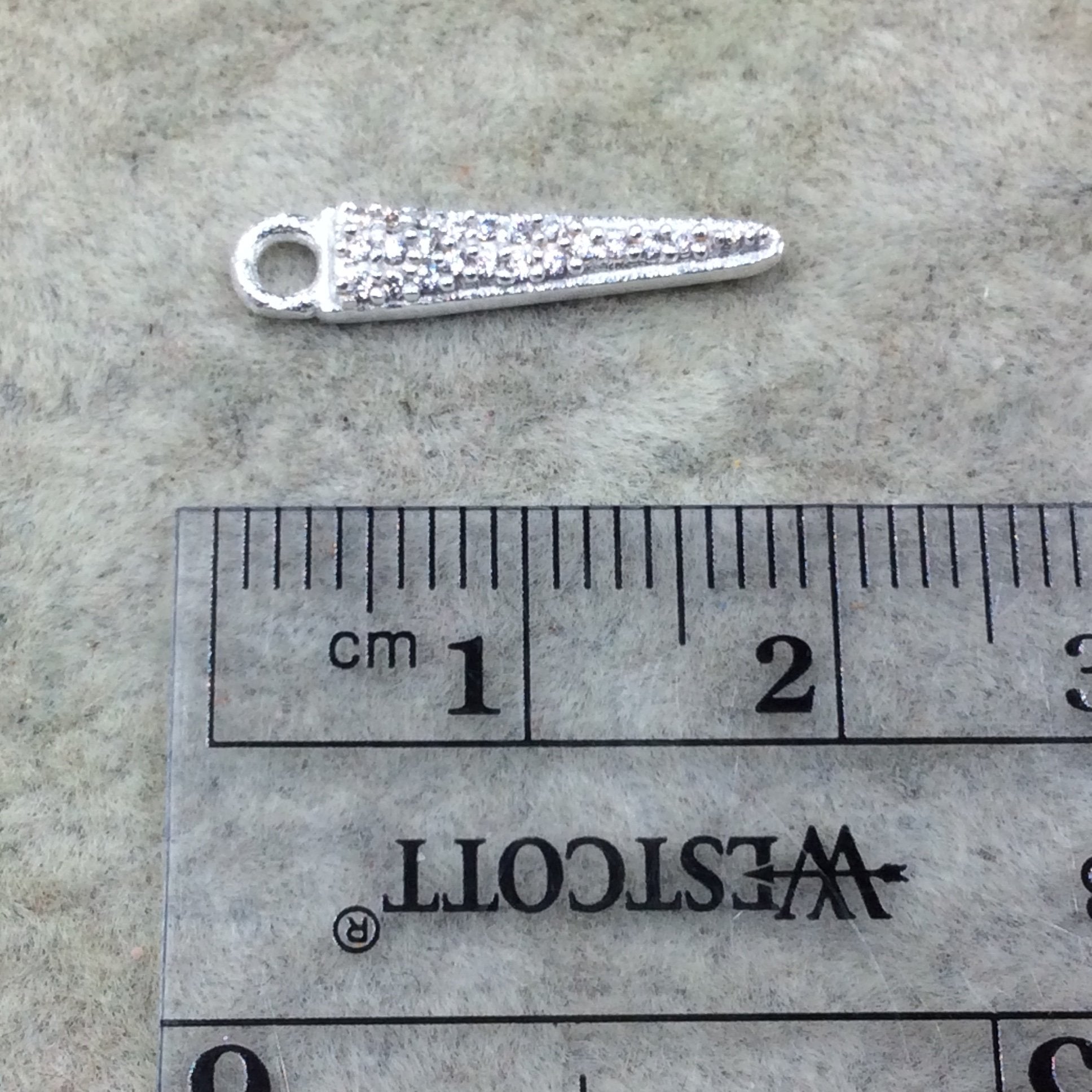 Tiny Silver Finish Spike/Arrow Shaped CZ Cubic Zirconia Inlaid Plated Copper Pendant Component - Measuring 3mm x 15mm  - Sold Individually