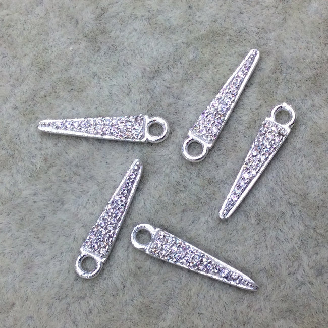 Tiny Silver Finish Spike/Arrow Shaped CZ Cubic Zirconia Inlaid Plated Copper Pendant Component - Measuring 3mm x 15mm  - Sold Individually