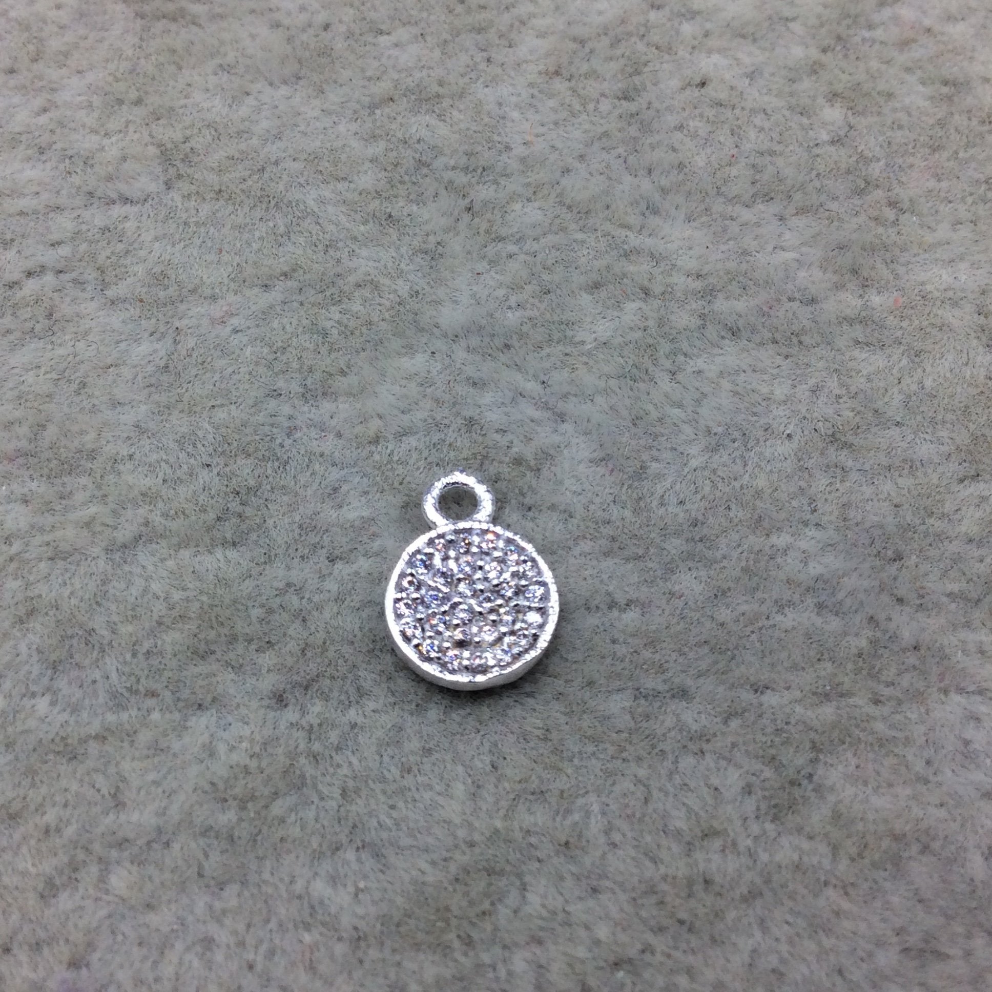Tiny Silver Finish Round/Coin Shaped CZ Cubic Zirconia Inlaid Plated Copper Pendant Component - Measuring 7mm x 7mm  - Sold Individually