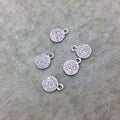 Tiny Silver Finish Round/Coin Shaped CZ Cubic Zirconia Inlaid Plated Copper Pendant Component - Measuring 7mm x 7mm  - Sold Individually