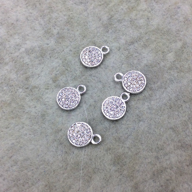 Tiny Silver Finish Round/Coin Shaped CZ Cubic Zirconia Inlaid Plated Copper Pendant Component - Measuring 7mm x 7mm  - Sold Individually