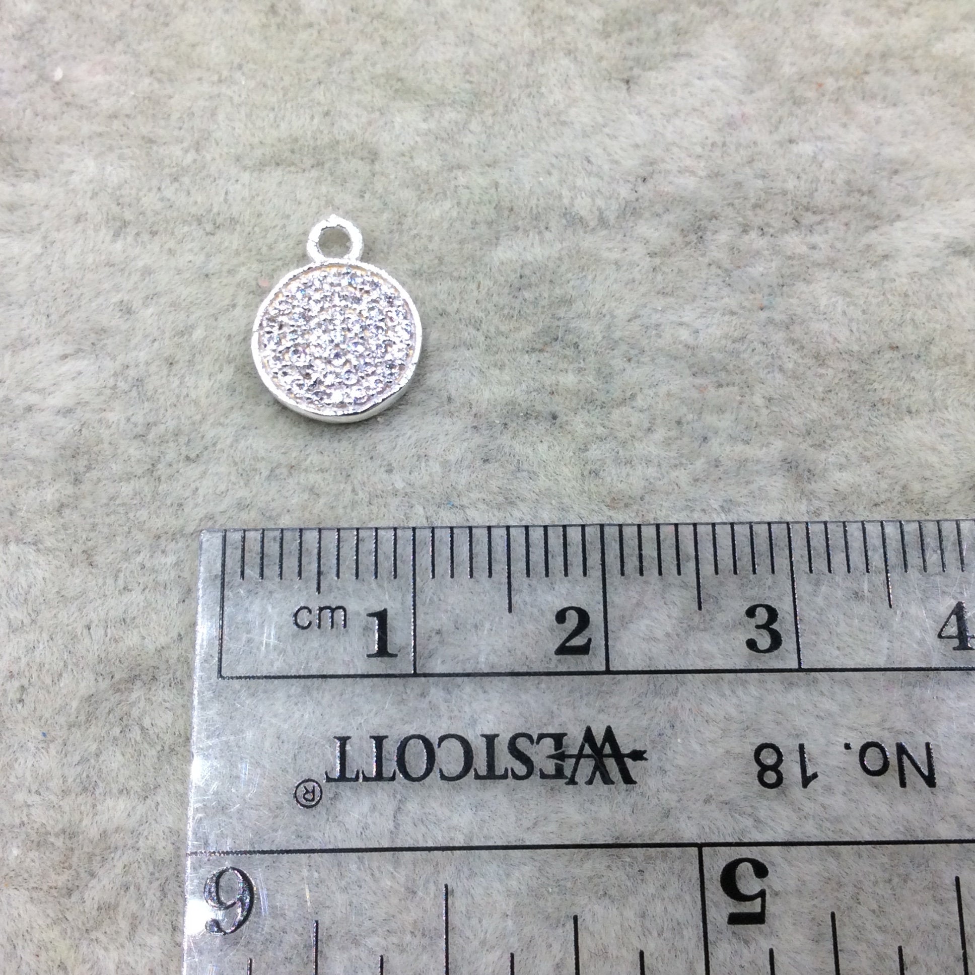 Tiny Silver Finish Round/Coin Shaped CZ Cubic Zirconia Inlaid Plated Copper Pendant Component - Measuring 9mm x 9mm  - Sold Individually