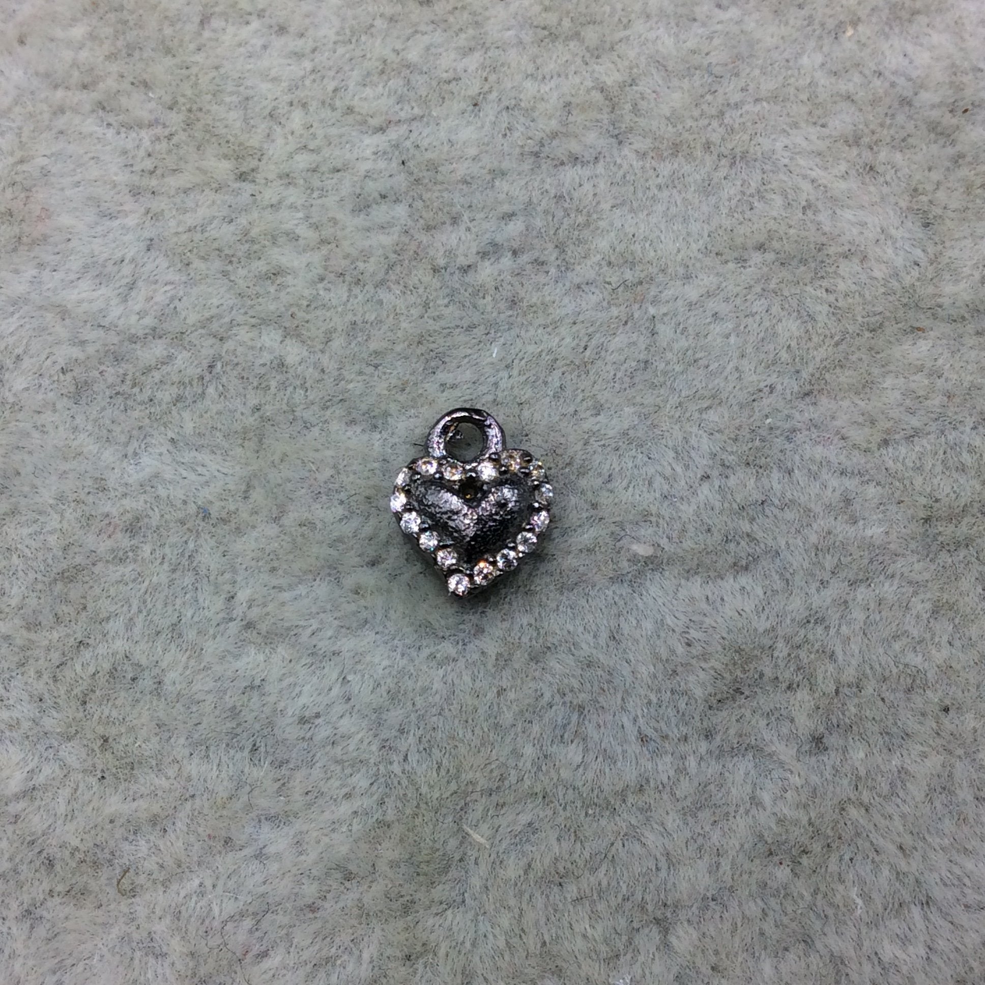 Tiny Gunmetal Finish Freeform Heart Shape CZ Cubic Zirconia Inlaid Plated Copper Pendant Component - Measures 6mm x 6mm  - Sold Individually