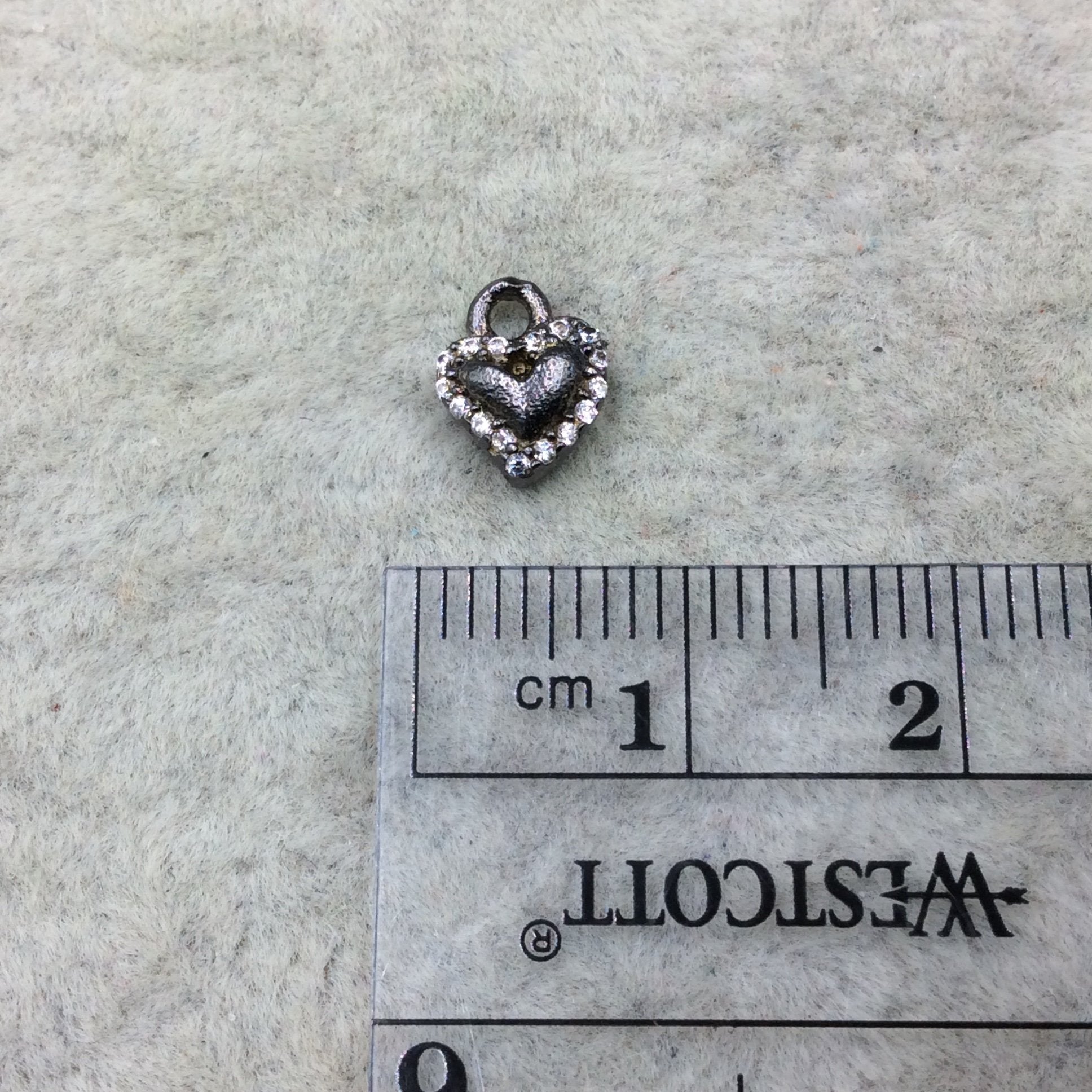 Tiny Gunmetal Finish Freeform Heart Shape CZ Cubic Zirconia Inlaid Plated Copper Pendant Component - Measures 6mm x 6mm  - Sold Individually