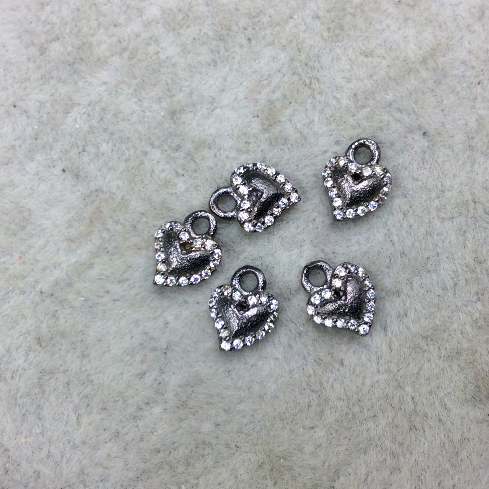 Tiny Gunmetal Finish Freeform Heart Shape CZ Cubic Zirconia Inlaid Plated Copper Pendant Component - Measures 6mm x 6mm  - Sold Individually