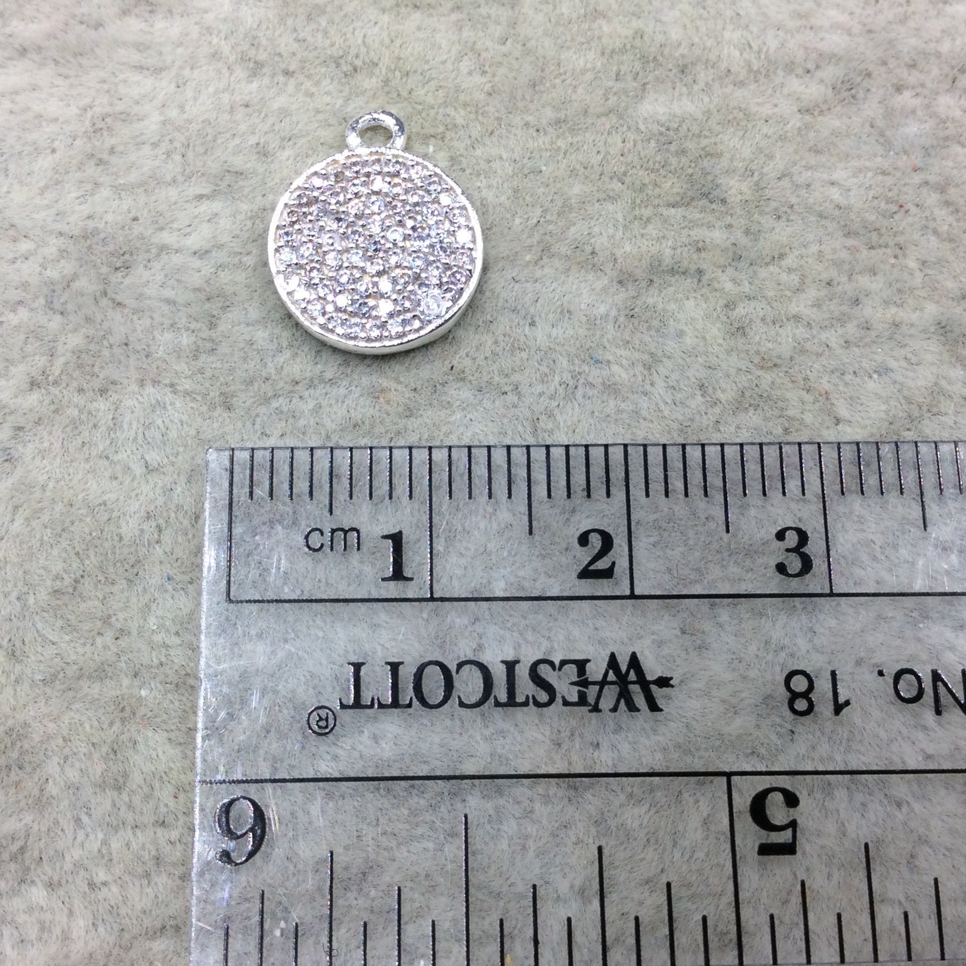 Tiny Silver Finish Round/Coin Shaped CZ Cubic Zirconia Inlaid Plated Copper Pendant Component - Measuring 11mm x 11mm  - Sold Individually