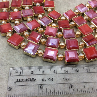 12mm x 12mm Gold Electroplated Glossy Finish Faceted Opaque Cadmium Red Crystal Square Beads  - Sold by 7" Strands (10 Beads) -