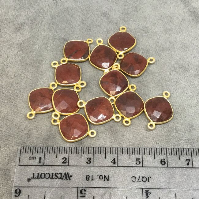 Deep Red Jasper Bezel | Gold Plated Faceted Natural Diamond Shaped Bezel Connector - Measuring 12mm x 12mm - Sold Individually