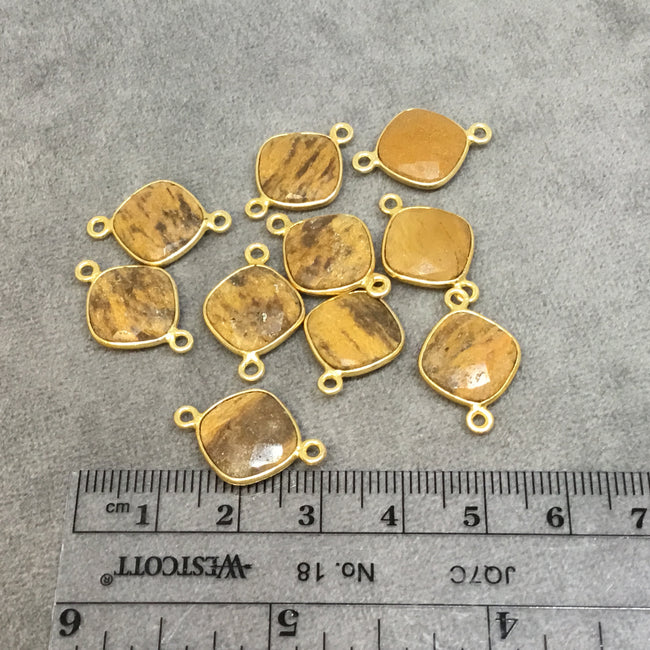Gold Plated Faceted Natural Brown Tiger Jasper Diamond Shaped Bezel Connector - Measuring 12mm x 12mm - Sold Individually, RANDOM