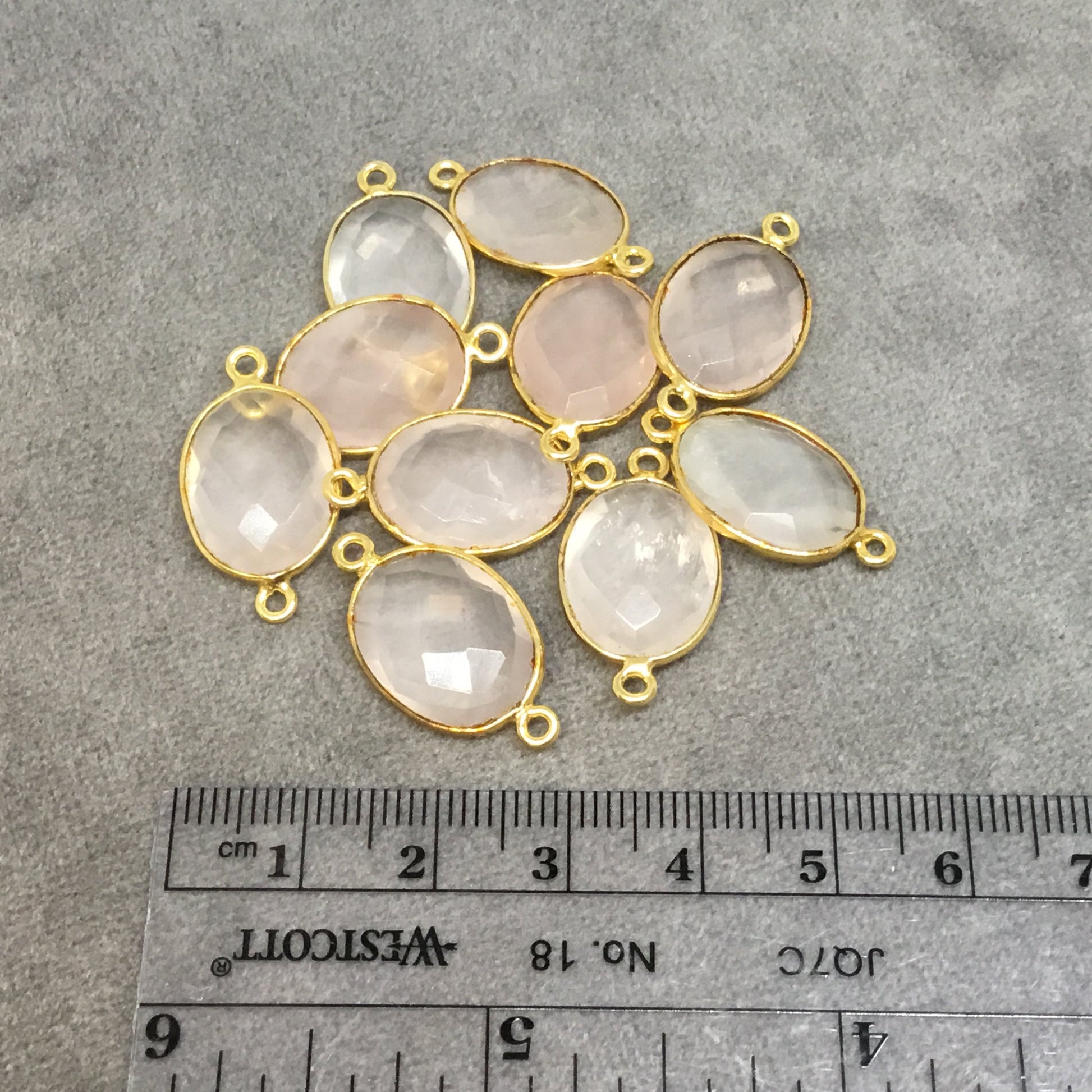 Gold Plated Natural Pale Rose Quartz Faceted Oblong Oval Shaped Copper Bezel Connector - Measures 12mm x 16mm - Sold Individually, Random