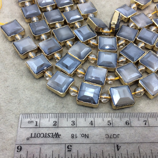 12mm x 12mm Gold Electroplated Glossy Finish Faceted Opaque Gray Crystal Square Beads  - Sold by 7" Strands (10 Beads) -