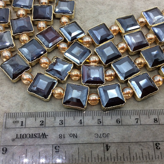 12mm x 12mm Gold Electroplated Glossy Finish Faceted Opaque Black Ruby Crystal Square Beads  - Sold by 7" Strands (10 Beads) -