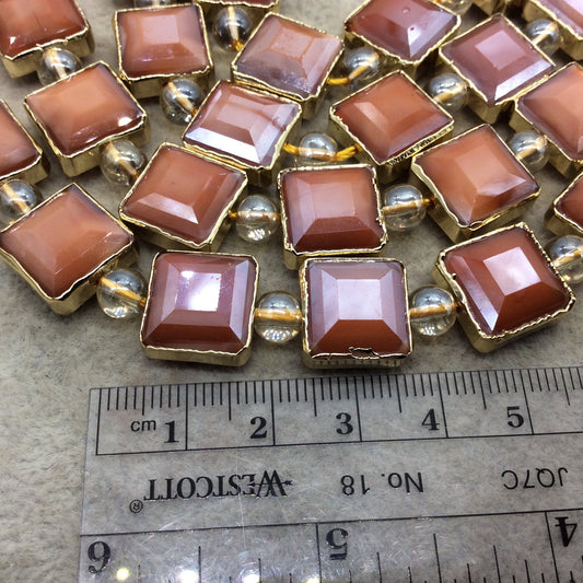 12mm x 12mm Gold Electroplated Glossy Finish Faceted Opaque Burnt Orange Crystal Square Beads  - Sold by 7" Strands (10 Beads) -