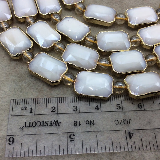 13mm x 18mm Gold Electroplated Glossy Finish Faceted Opaque White Crystal Rectangle Beads  - Sold by 7" Strands (8 Beads) -
