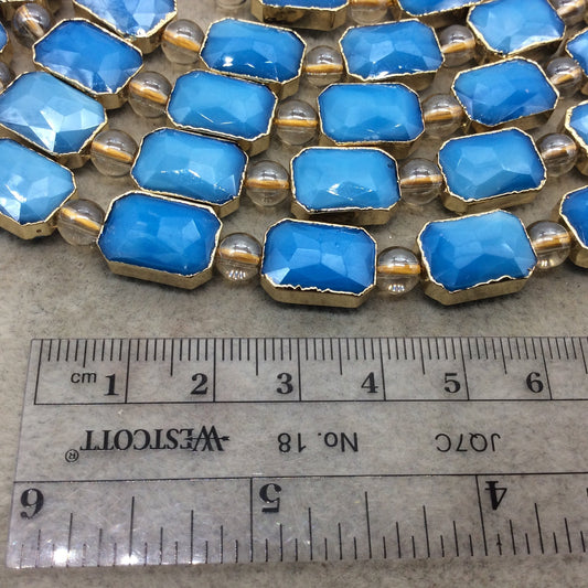 10mm x 14mm Gold Electroplated Glossy Finish Faceted Opaque Medium Blue Crystal Rectangle Beads  - Sold by 7" Strands (10 Beads) -