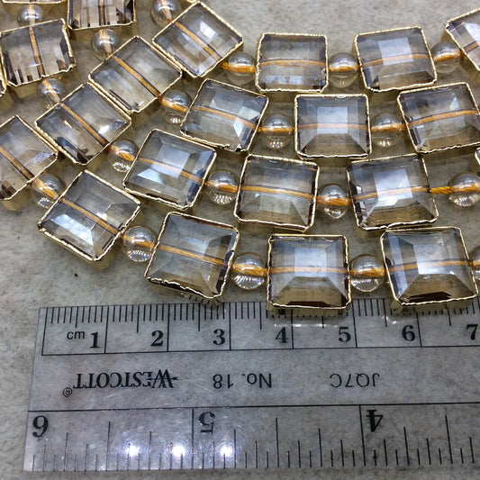 12mm x 12mm Gold Electroplated Glossy Finish Faceted Transparent Pale Champagne Crystal Square Beads  - Sold by 7" Strands (10 Beads) -