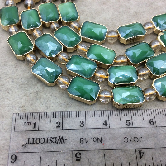 10mm x 14mm Gold Electroplated Glossy Finish Faceted Opaque Green Crystal Rectangle Beads  - Sold by 7" Strands (10 Beads) -
