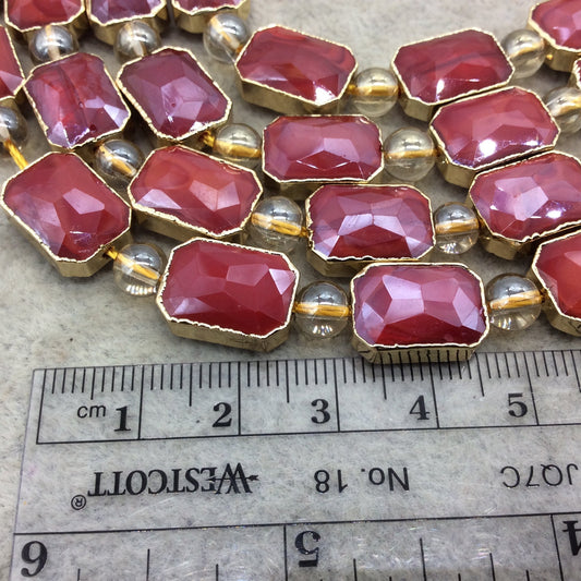 10mm x 14mm Gold Electroplated Glossy Finish Faceted Opaque Deep Red Crystal Rectangle Beads  - Sold by 7" Strands (10 Beads) -