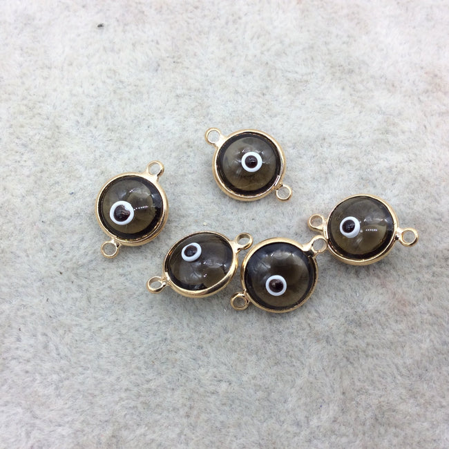 Gold Plated  Smooth Transparent Smoky Evil Eye Glass  Round/Coin Shaped Bezel Connector - Measuring 10mm x 10mm - Sold Individually