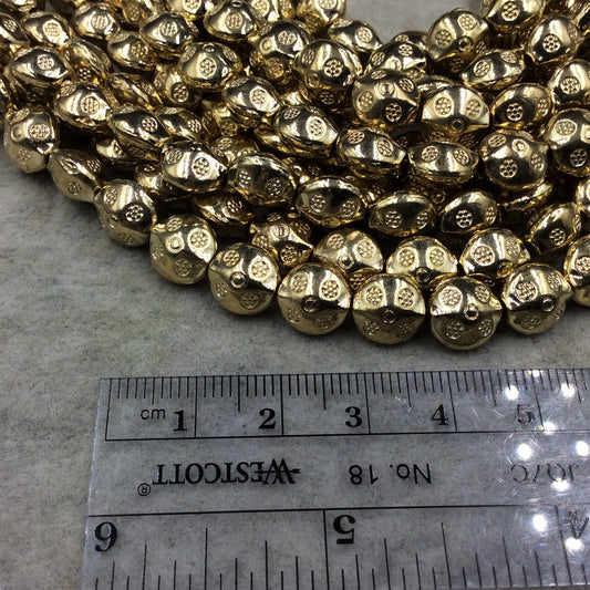Gold Finish Dotted Pattern Flattened Round/Saucer Shape Plated Pewter Beads (11436)- 8" Strand (Approx 20 Beads) - 9mm x 9mm - 2mm Hole Size
