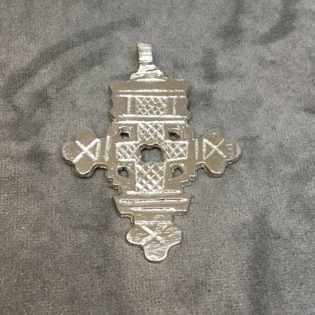 2.5" Silver Ethiopian Cross Shaped Plated Brass Pendant with Horizontal Bail - Measuring 48mm x 61mm - Sold Individually